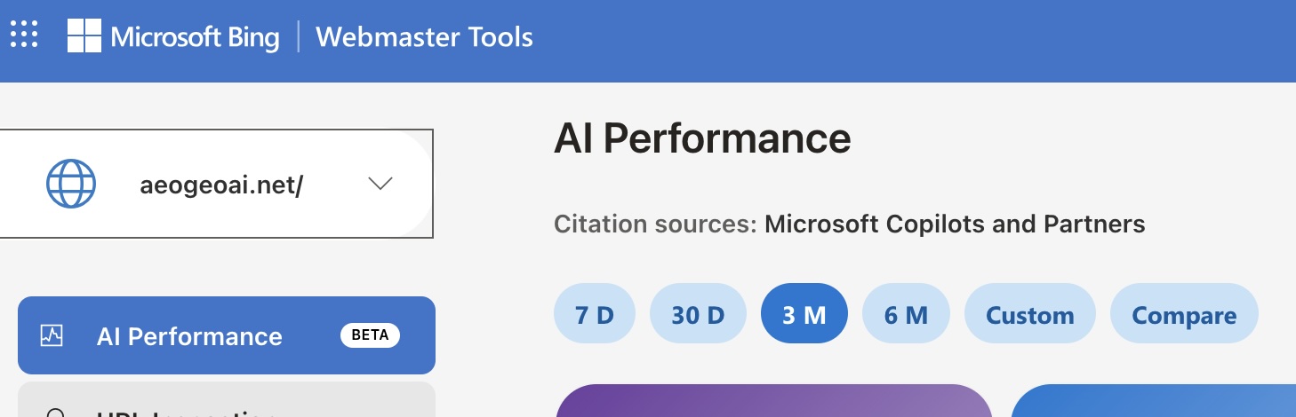 Bing Webmaster Tools AI Performance dashboard showing aeogeoai.net verified with Citation sources: Microsoft Copilots and Partners
