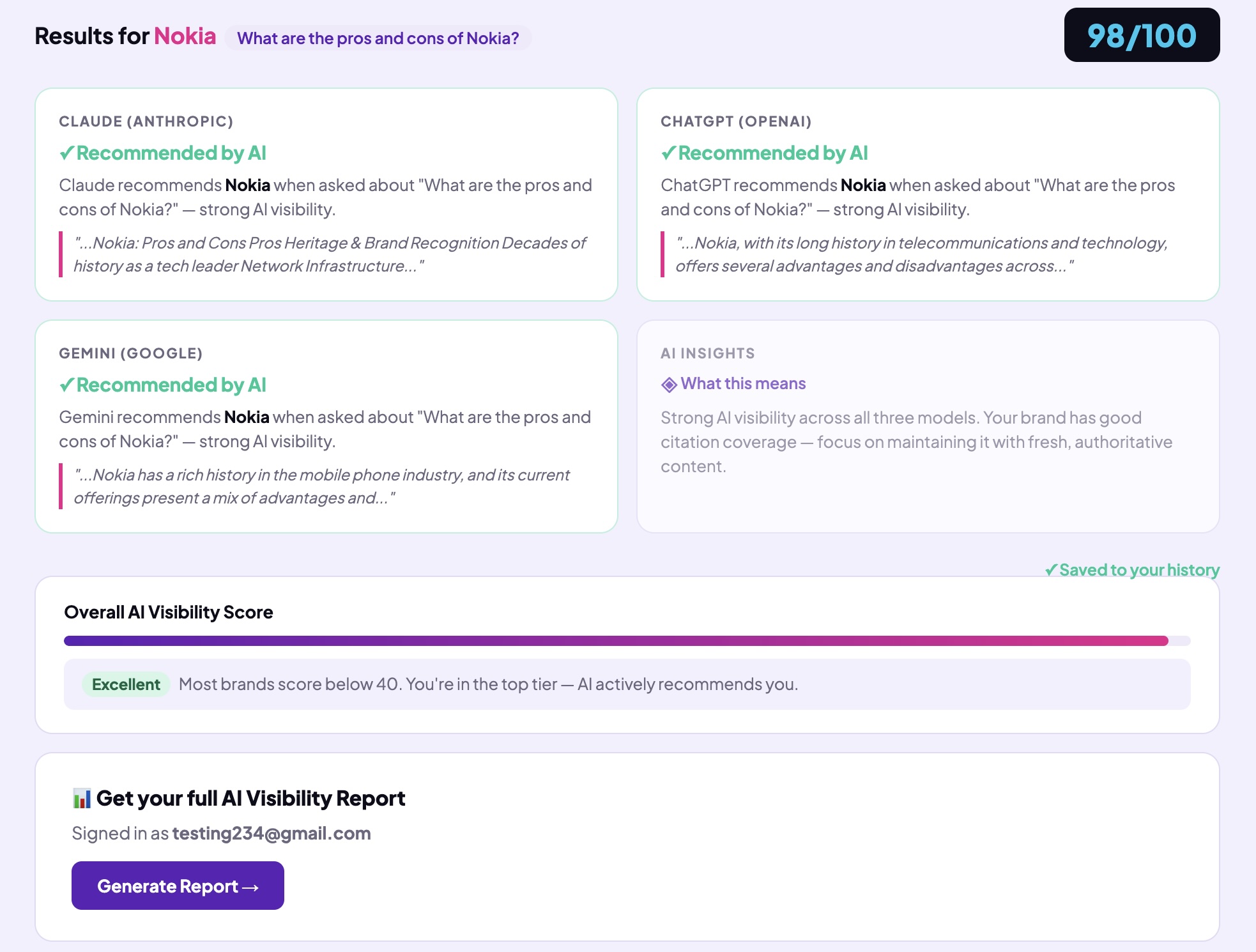 Results showing scores and AI responses across all three models