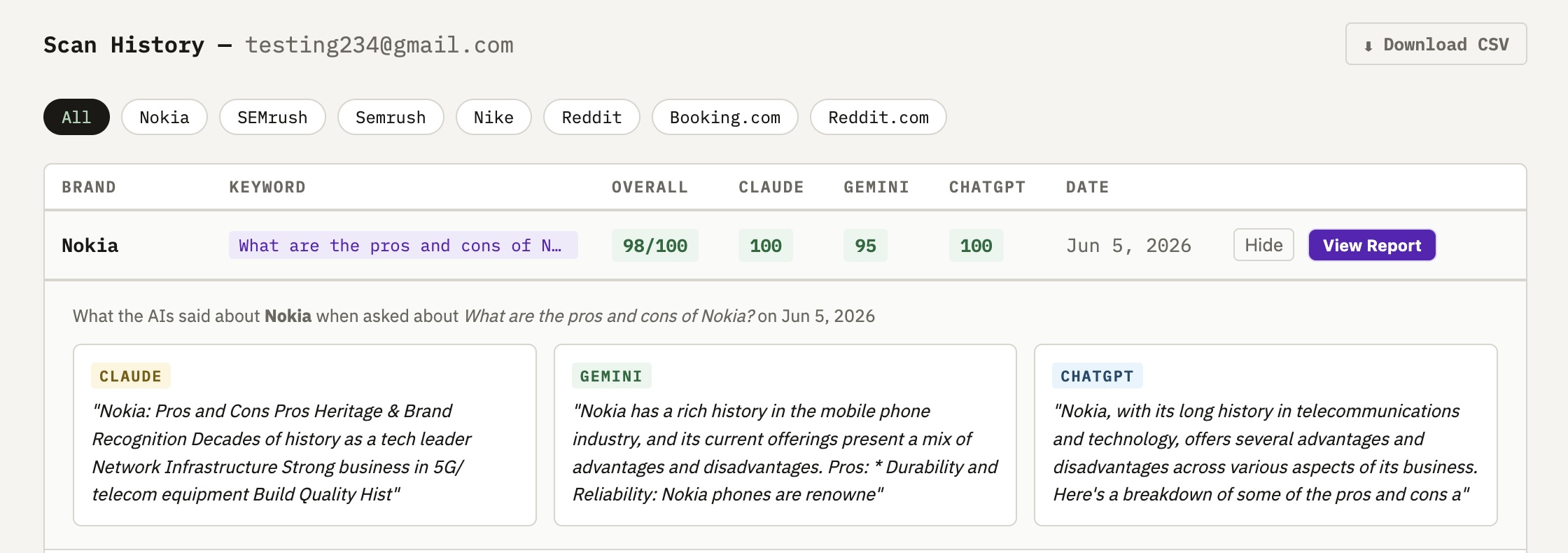 Expanded AI excerpts showing what each model said