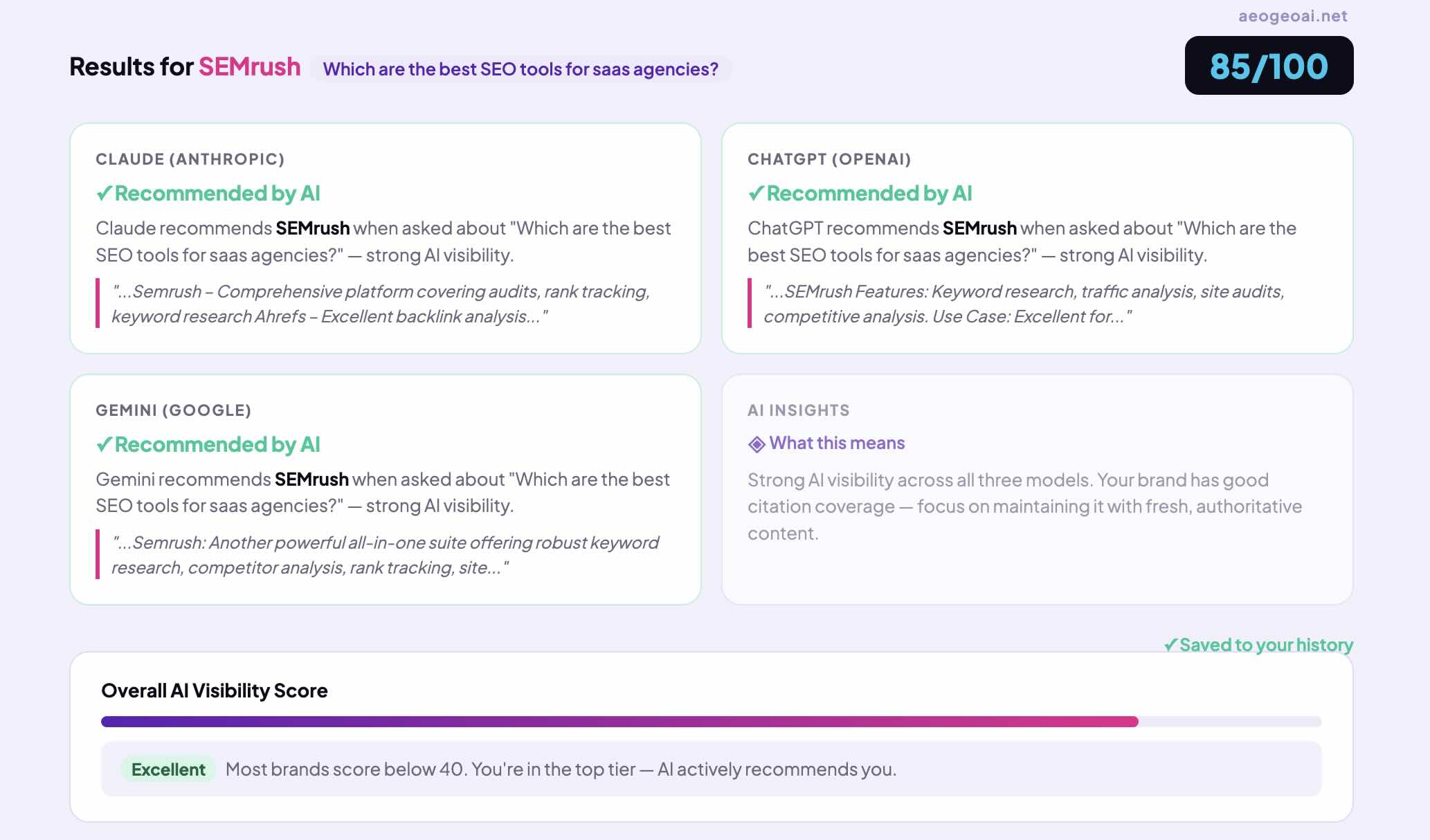 AI visibility scores and excerpts for a SaaS product