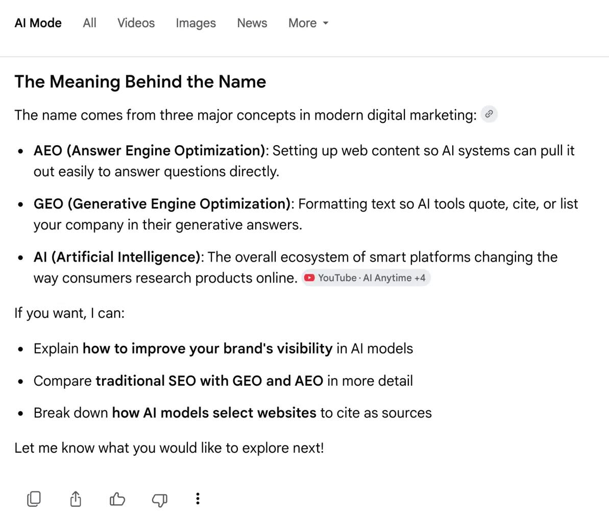 Google AI Mode explaining AEO and GEO definitions sourced from aeogeoai.net structured content