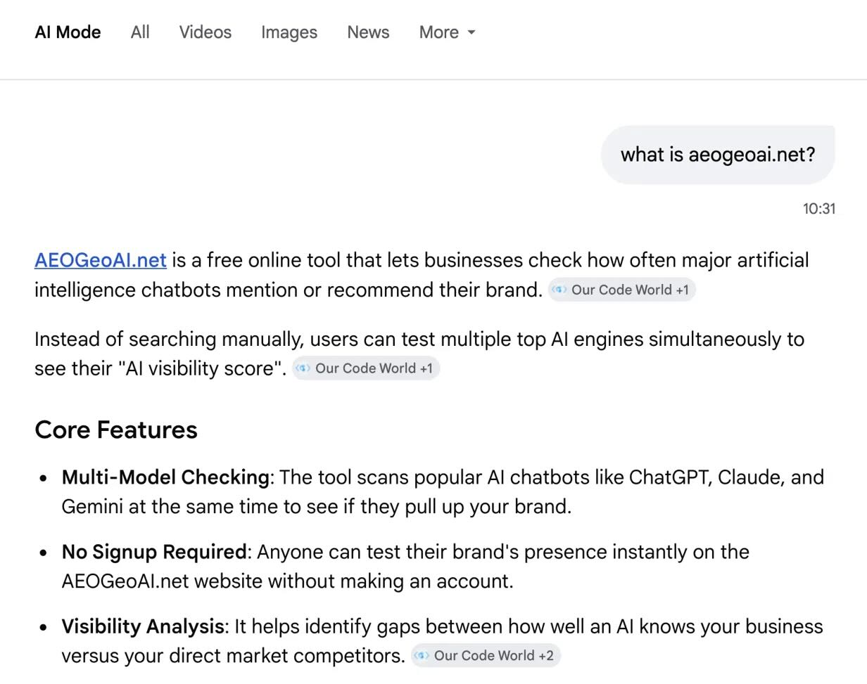 Google AI Mode response to what is aeogeoai.net showing brand description and core features cited from Our Code World