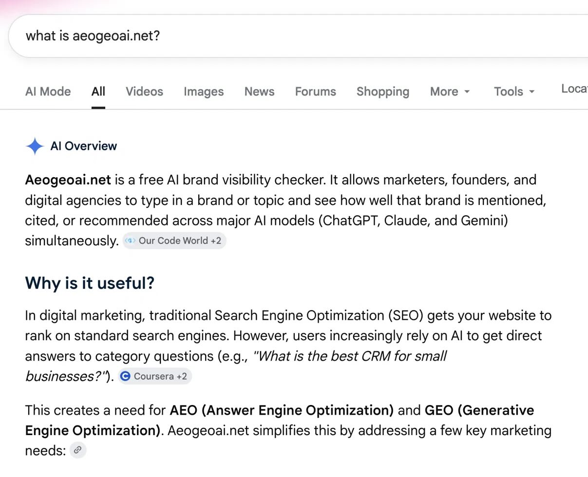 Google AI Overview showing aeogeoai.net description sourced from Our Code World
