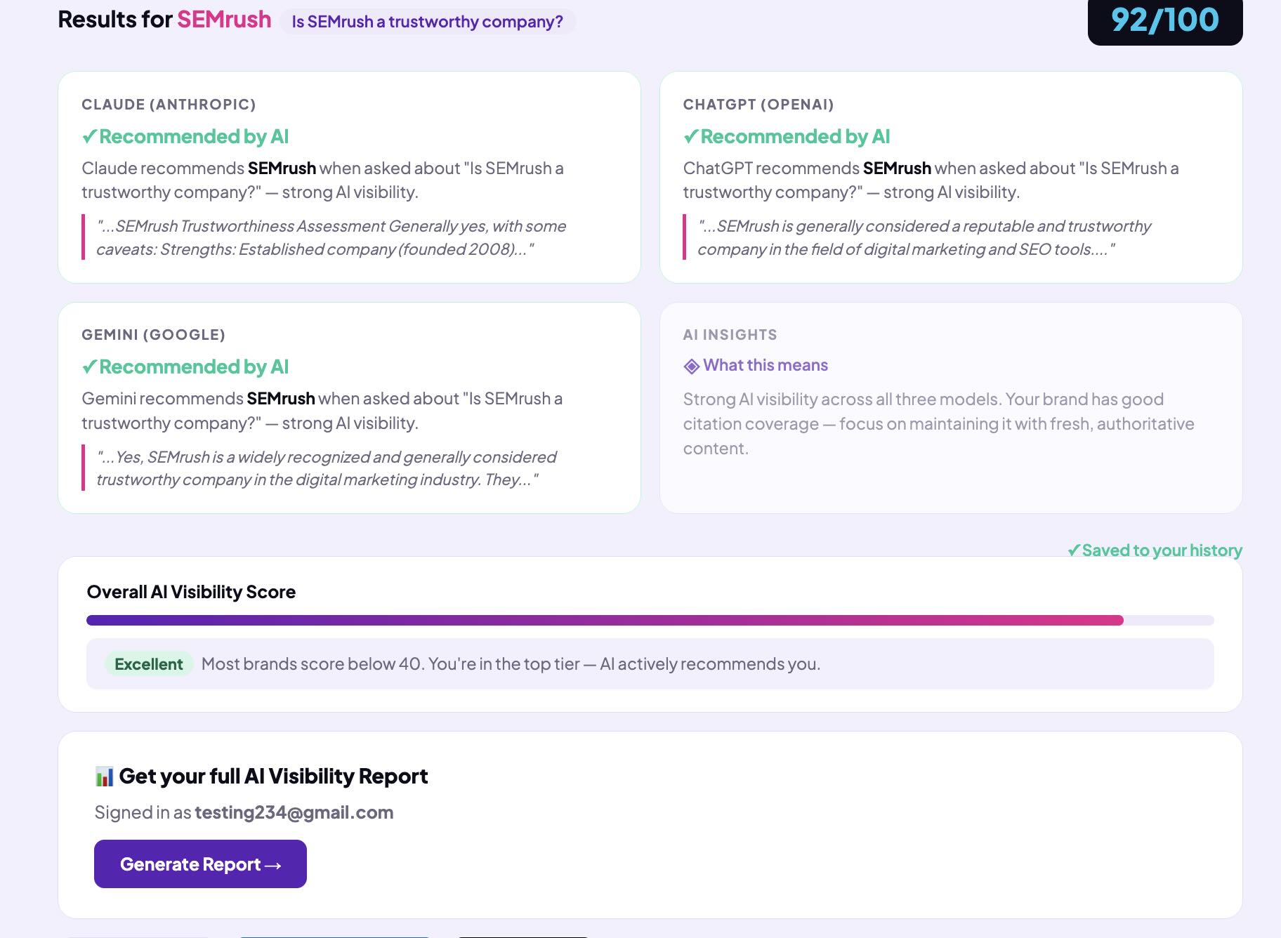 AI visibility scores across Claude, Gemini and ChatGPT